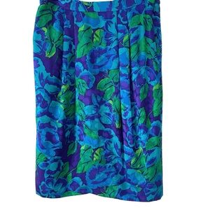 100% Silk Pleated Jaquard Floral in Rich Aqua Teal Blue Purple and Green Size 10